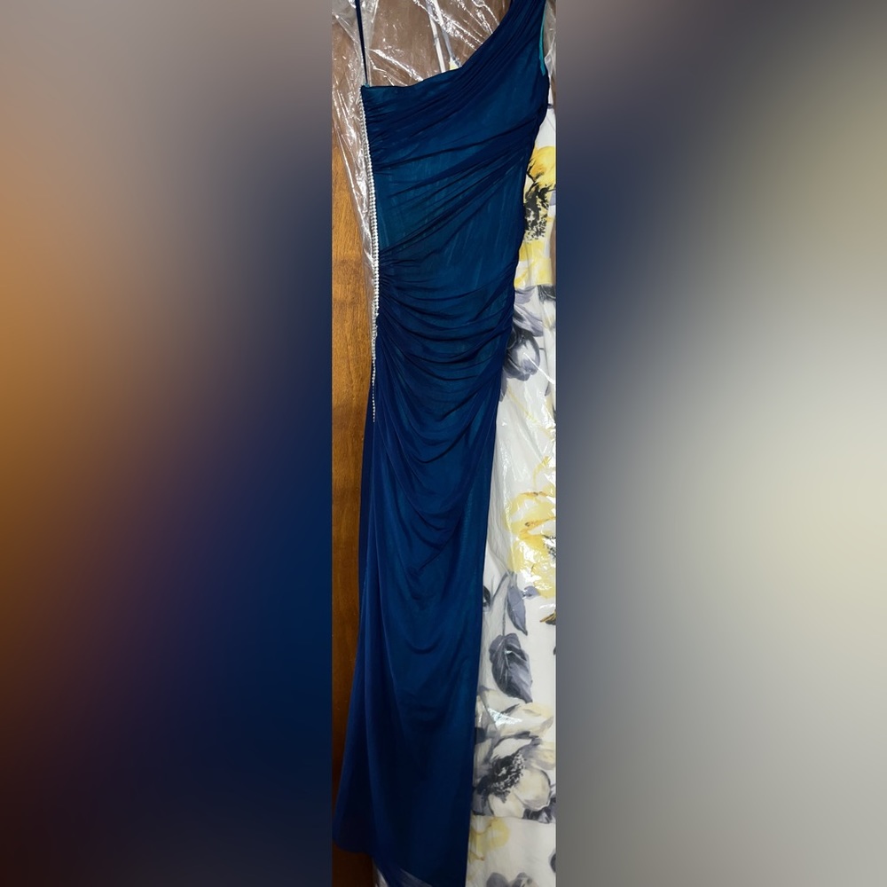 Blue body con floor length dress